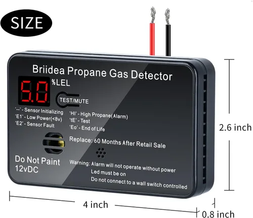 Vista 5 de Alarma de propano para RV, detector de gas propano briidea con alarma fuerte de 85 dB, 12 VCC, color negro