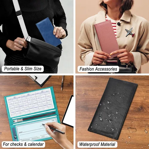 Vista 7 de LLi Cufite Funda de cuero para chequera superior y lateral, cheques duplicados con inserto de plástico, soporte para bolígrafo, billetera delgada