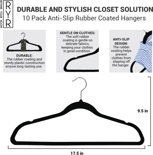 Vista 3 de Paquete de 10 perchas con revestimiento de goma antideslizante, ahorro de espacio, duraderas, suaves, para ropa, perchas negras para armario