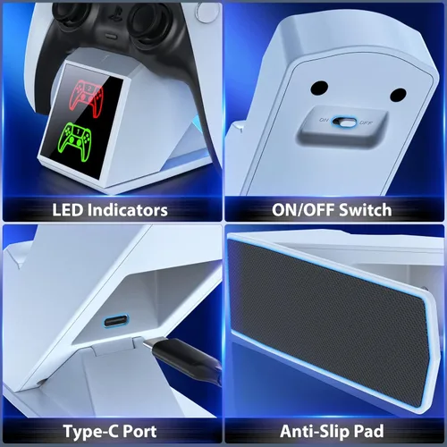 Vista 5 de Estación de carga de controlador PS5 estación de carga remota dual PS5 con adaptador de CA de carga rápida 5 V3 A para Playstation 5 soporte