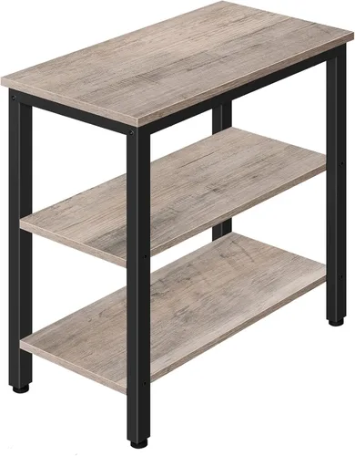 Vista 12 de HOOBRO Mesa auxiliar, mesa lateral rústica simple con estante de almacenamiento de 3 niveles, mesita de noche estrecha para espacios pequeños, fácil