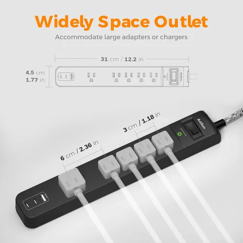 Vista 3 de Paquete de 2 Regletas de Protección contra Sobretensiones - Regleta USB C, Cable de Extensión Plano con 5 Puertos Ampliamente Espaciados y 3 USB