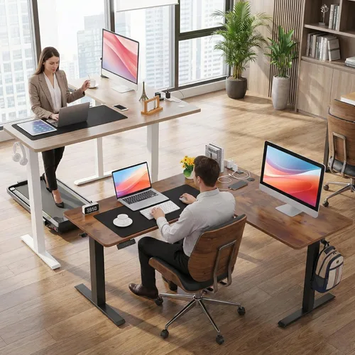Vista 8 de 63” L Shaped Standing Desk with Charging Station,Supports Left and Right Swapping,Electric Height Adjustable Corner Stand Up Desk.Free Hook