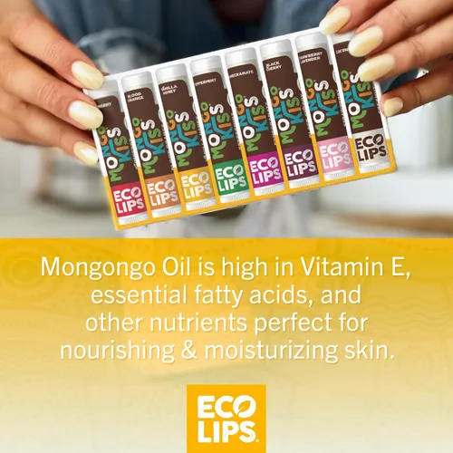 Vista 9 de Set de bálsamo labial orgánico Mongo Kiss USDA de Eco Lips, 8 unidades (4.25 g cada uno) con aceite de mongongo y manteca de cacao para hidratar