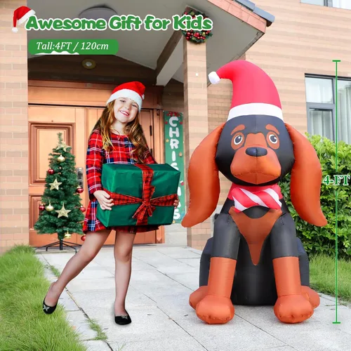 Vista 2 de FunFanso Decoración inflable navideña de 4 pies, lindo perro hinchable para patio con LED incorporado, perro navideño con gorro de Santa
