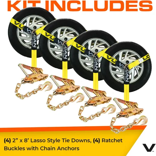Vista 3 de VULCAN - Correa de amarre para auto con anclajes de cadena, estilo lazo, 2 x 96 pulgadas, paquete de 4 unidades, amarillo clásico, carga de trabajo