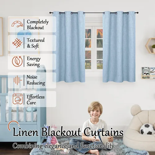 Vista 2 de Cortinas Opacas de Lino Azul Bebé para Guardería de 40 Pulgadas de Largo, 2 Paneles, Cortinas Cortas con Aislamiento Térmico Boho de Bloqueo Total
