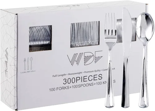 Vista 14 de WDF 300 cubiertos de plástico dorado desechables, cubiertos de plástico resistente, juegos de cubiertos dorados que incluyen 100 tenedores, 100