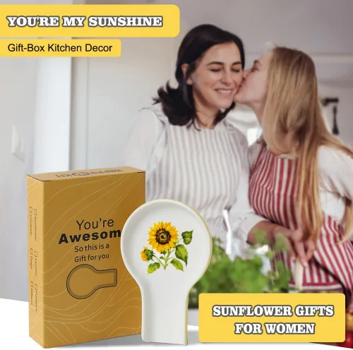 Vista 6 de Soporte para cucharas para estufa, soporte de cuchara de Navidad de girasol para encimera de cocina, caja de regalo en relieve de girasol, lista