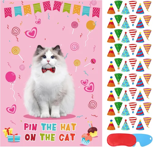 Juego de fiesta de Hooqict Pin The Hat On The Cat para gatos, juegos de fiesta de cumpleaños de gato para niños, suministros de fiesta de cumpleaños