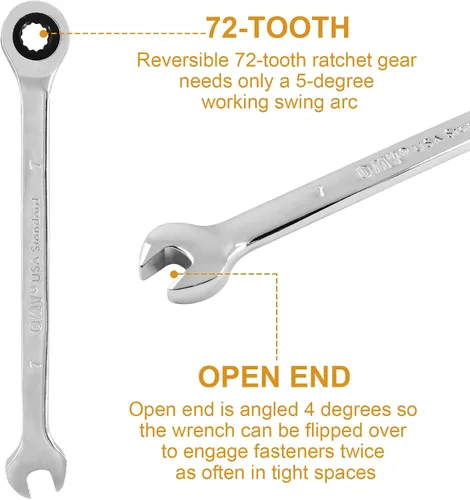 Vista 3 de 2 llaves de trinquete de 0.276 in, llave de trinquete reversible de acero CR-V, llave de trinquete SAE y métrica de 72 dientes, llave combinada