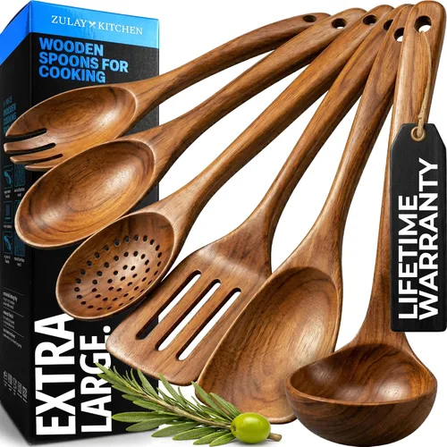 Vista 16 de Zulay Kitchen - Juego de 10 utensilios de cocina de madera de teca natural con acabado suave y cómodo agarre, juego de utensilios de cocina