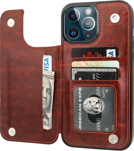 Vista 16 de ONETOP Funda tipo cartera compatible con iPhone 13 Pro Max con tarjetero, piel sintética, ranuras para tarjetas, doble cierre magnético y funda Oro