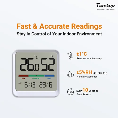 Vista 5 de Termómetro para interior y higrómetro de la marca Temtop, monitor digital de precisión de temperatura/humedad con imán y adhesivo de 3M, fecha