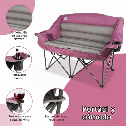 Vista 5 de Northroad Silla de camping doble de gran tamaño, sofá biplaza totalmente acolchado, silla doble plegable resistente con portavasos, reposabrazos