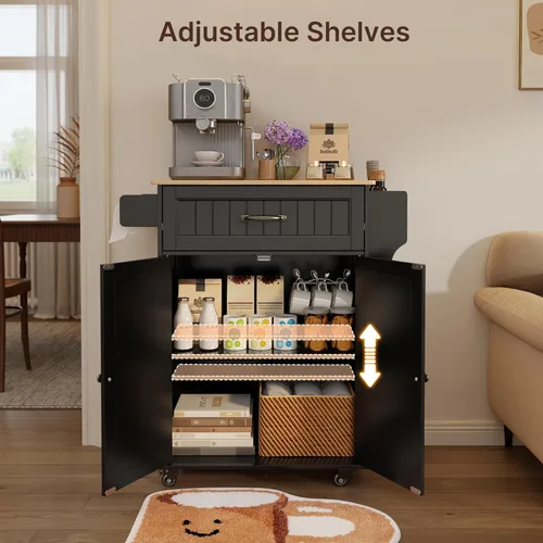 Vista 4 de Gizoon Carrito de isla de cocina con parte superior de madera de caucho, isla de cocina rodante de 33 pulgadas de ancho con estante ajustable