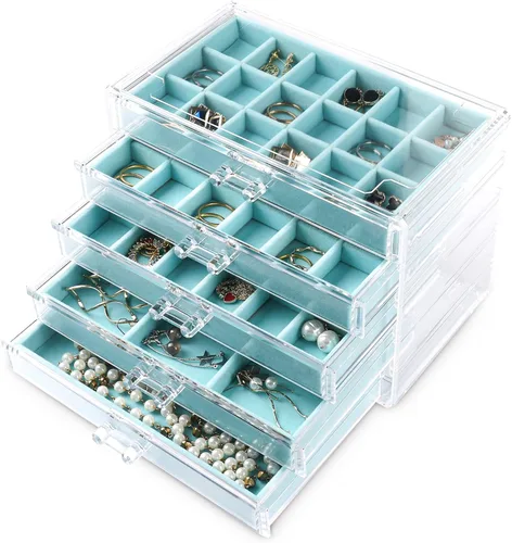 Frebeauty Acrylic Jewelry Organizer,Earring Organizer Box with 5 Drawers Clear Jewelry Box with Velvet Trays for Women,Stackable Earring Display