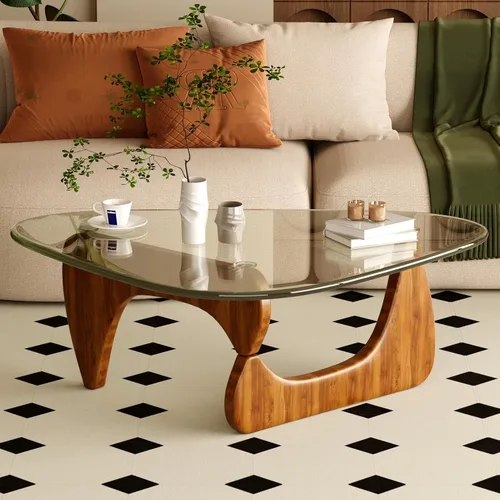 Vista 16 de Mesa de café para sala de estar, mesa central moderna de mediados de siglo con tapa de vidrio y madera, marrón/negro