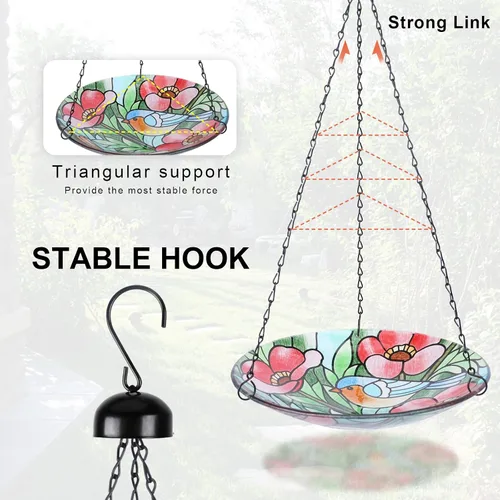 Vista 3 de VCUTEKA Baño colgante para pájaros al aire libre, de cristal, comedero para pájaros pequeños, con pájaro azul y flor de 11 pulgadas de diámetro