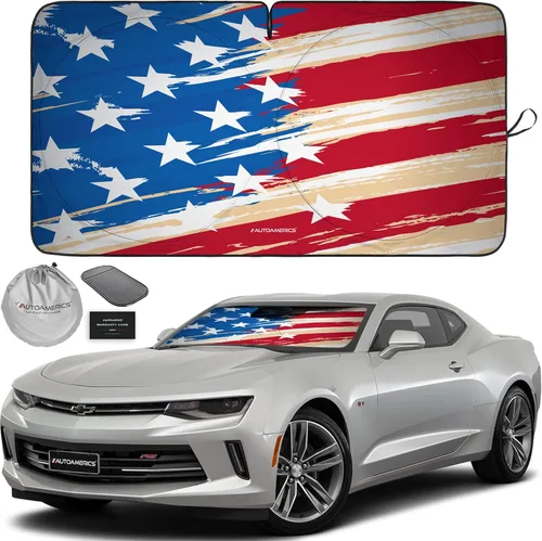 Vista 61 de Autoamerics Parasol para parabrisas de 1 pieza, diseño de camuflaje marrón con bandera estadounidense de Estados Unidos, parasol plegable