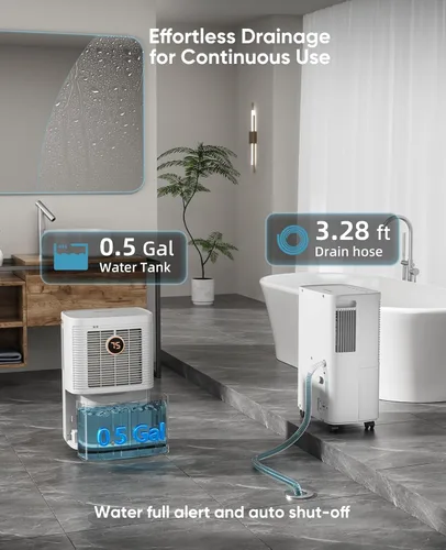 Vista 4 de Deshumidificador de 34 pintas para el hogar, sótano, dormitorio, baño, deshumidificador de 2500 pies cuadrados con manguera de drenaje, control
