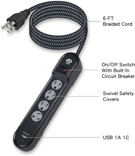 Vista 4 de OSKOS Regleta protectora de sobretensiones, 4 tomas, dos puertos USB 2.4A (1A+1C), cable de extensión de 6 pies, 500 julios, 15A/1800W, montaje