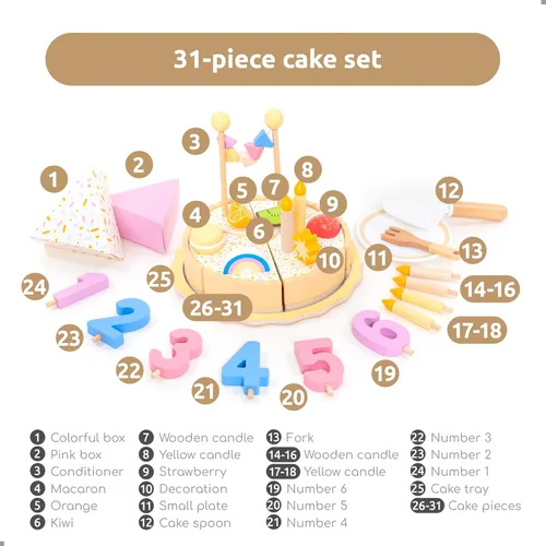 Vista 6 de UMU Juego de pastel de cumpleaños de madera, juguete de cocina con velas, números, frutas y coberturas, comida de madera para niños de 3, 4, 5 años