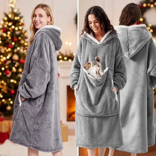 Vista 8 de Manta de estilo largo con capucha de gran tamaño con bolsa grande para mascotas, sudadera con capucha suave de forro polar Sherpa para adultos, se