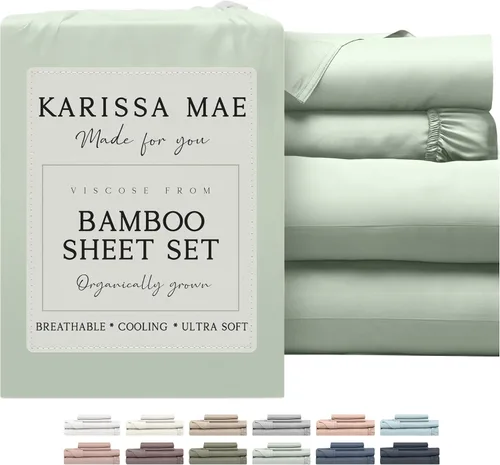 Vista 30 de KARISSA MAE Juego de sábanas tamaño Queen de viscosa de bambú refrescante, 100% certificado FSC, bolsillo profundo de 18 pulgadas, sedoso, suave e