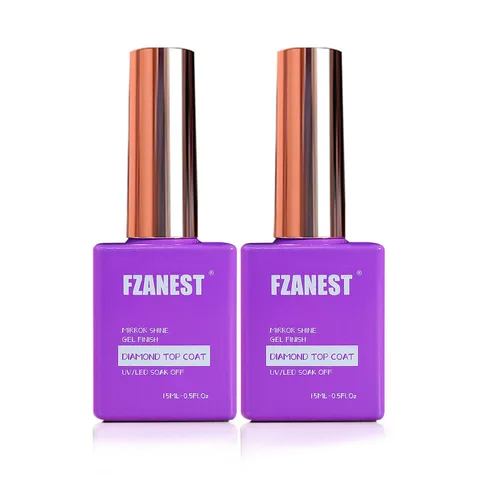 FZANEST Esmalte de uñas de gel capa superior 2 * 15ML sin limpieza, capa superior de diamante, esmalte de uñas de gel transparente de alto brillo,