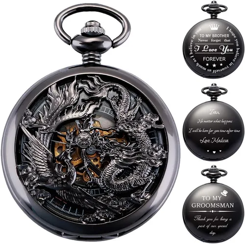 ManChDa Relojes mecánicos de bolsillo grabados con esqueleto de doble cubierta con números romanos, esfera personalizada con caja y cadena para