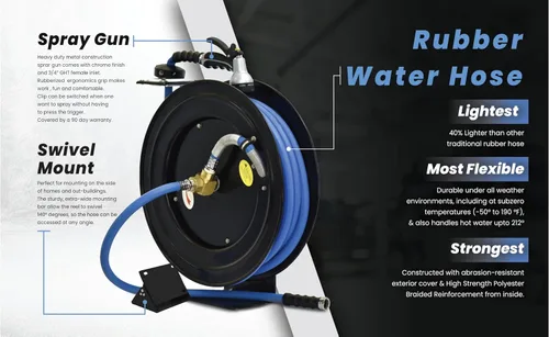 Vista 4 de BluSeal BSWR1250HRS Carrete de manguera retráctil con manguera de goma para agua caliente de 1/2" x 50', entrada de 6', montaje giratorio