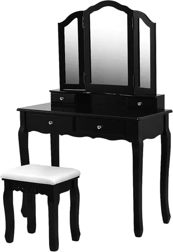 Vista 10 de Giantex Juego de tocador con espejo triple plegable y 4 cajones, tocador de maquillaje con taburete acolchado para niñas y mujeres, mesa de Blanco
