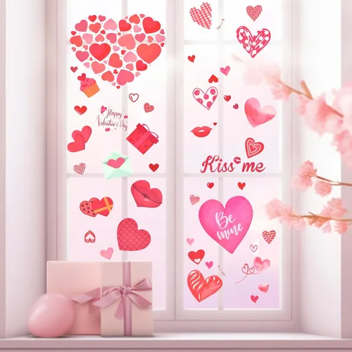 Vista 4 de 218 piezas de calcomanías para ventanas de cristal para el día de San Valentín, diseños surtidos de corazones y besos, calcomanías de vinilo