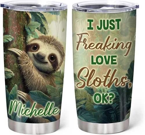 Hyturtle Regalos personalizados para los amantes de los perezosos, vaso de acero inoxidable con nombre personalizado de 20 onzas con tapa, idea de