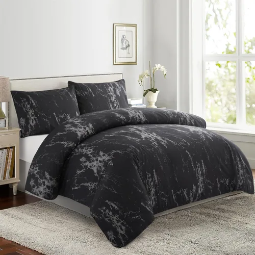 Vista 22 de Marina Decoration Juego de funda de edredón de 3 piezas con 2 fundas de almohada, diseño de rayas negras y grises, tamaño doble/matrimonial