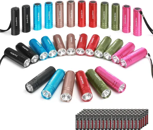 EverBrite Paquete de 30 mini linternas, linternas de mano LED de aluminio con cordón, colores surtidos, 90 pilas AAA incluidas para emergencia,