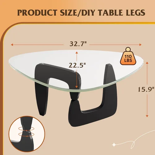 Vista 3 de WLIVE Mesa de café, mesa de café pequeña de vidrio con patas de madera maciza, mesas de sala de estar triangulares de 32.7" de mediados de siglo