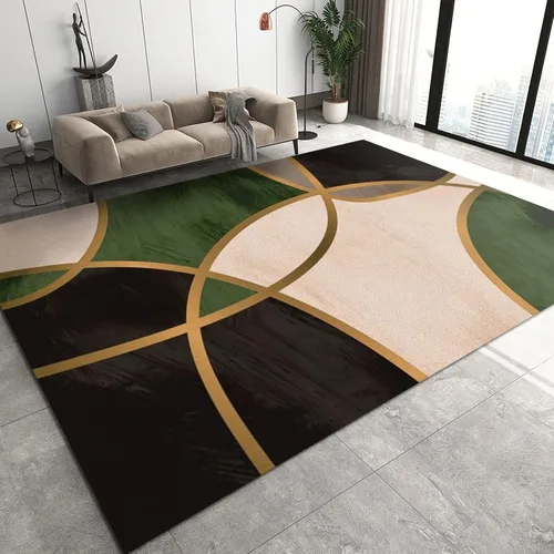 Alfombra de semicírculo verde esmeralda dorada, geométrica verde y negra para interiores, antideslizante, para sala de estar, dormitorio, cocina,