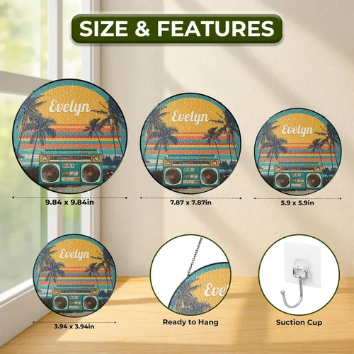 Vista 7 de Retro Boombox Suncatcher with Custom Name, Vintage Style Music Sun Catcher for Windows, Personalized Sunset Scene Window Hanging, Gifts for Music