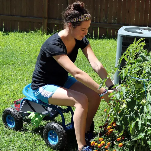 Vista 4 de Sunnydaze Carrito de jardín rodante con asiento, taburete de jardín con ruedas y asiento giratorio ajustable de 360 grados, bandeja de herramientas