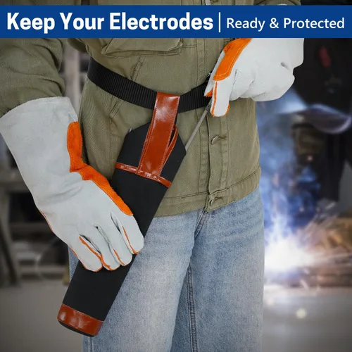 Vista 6 de Bolsa de electrodo resistente al fuego mejorada, bolsa de varilla de soldadura de lona, soporte de electrodo de cuero con remaches de acero
