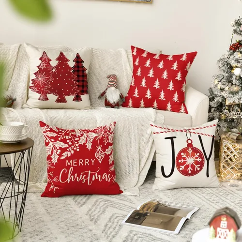 Vista 2 de AVOIN colorlife Juego de 4 fundas de almohada rojas con árboles de Navidad, 18 x 18 pulgadas, decoración de Navidad y vacaciones de invierno