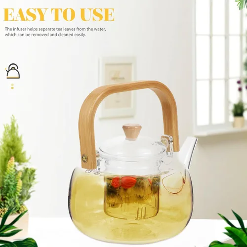 Vista 5 de Tetera de vidrio con infusor, hervidor de té seguro para estufa de 34 onzas para hojas sueltas, teteras de borosilicato para hervir agua, olla