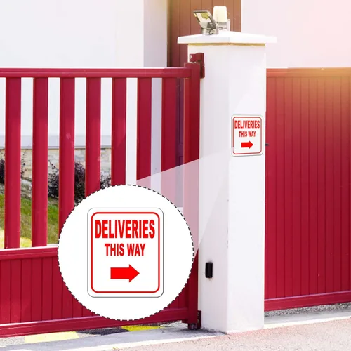 Vista 6 de Deliveries This Way con flecha derecha, letrero compuesto de aluminio, instrucciones de entrega para mis paquetes de Yaxa, FedEx, USPS, UPS