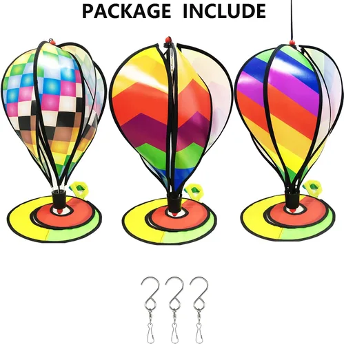 Vista 9 de timecity 3 piezas de globo de aire caliente Spinner de viento Rainbow Garden Pinwheels Whirligigs Molino de viento Molino de viento rayado arco iris