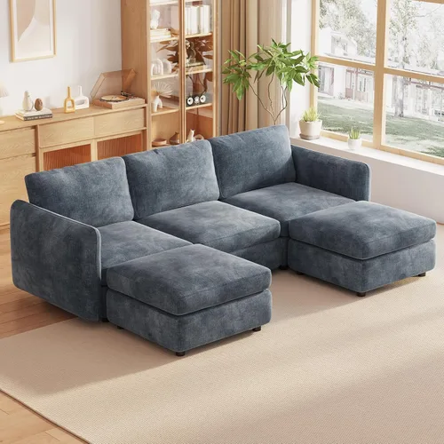Vista 125 de Guyii Sofá modular de terciopelo, moderno sofá de 4 plazas de gran tamaño con 3 almohadas y reposapiés de almacenamiento, sofá convertible de 115.74
