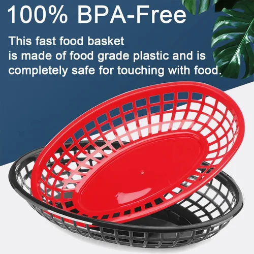 Vista 3 de Paquete de 50 cestas de pan de plástico negro de 9 x 5.7 pulgadas, cesta ovalada de comida rápida para suministros de restaurante, servicio