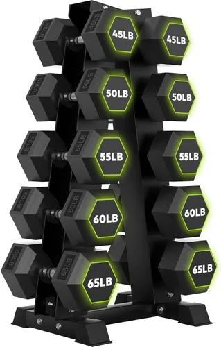 Vista 15 de HANDBODE Rubber Coated Hex Dumbbell Set with A-Frame Rack, 100 lb - 550 lb Multiple Options Weight, Hexagon Non-Rolling Shape, Ergonomic Knurled