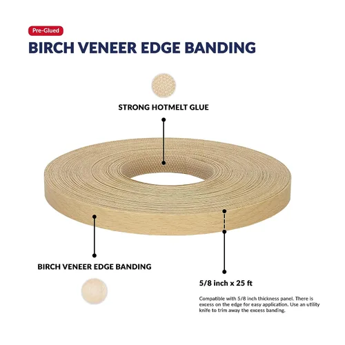 Vista 2 de Banda de borde de chapa de madera de abedul de 5/8 pulgadas x 25 pies, cinta adhesiva prepegada para bordes, plancha, rollo de tira flexible